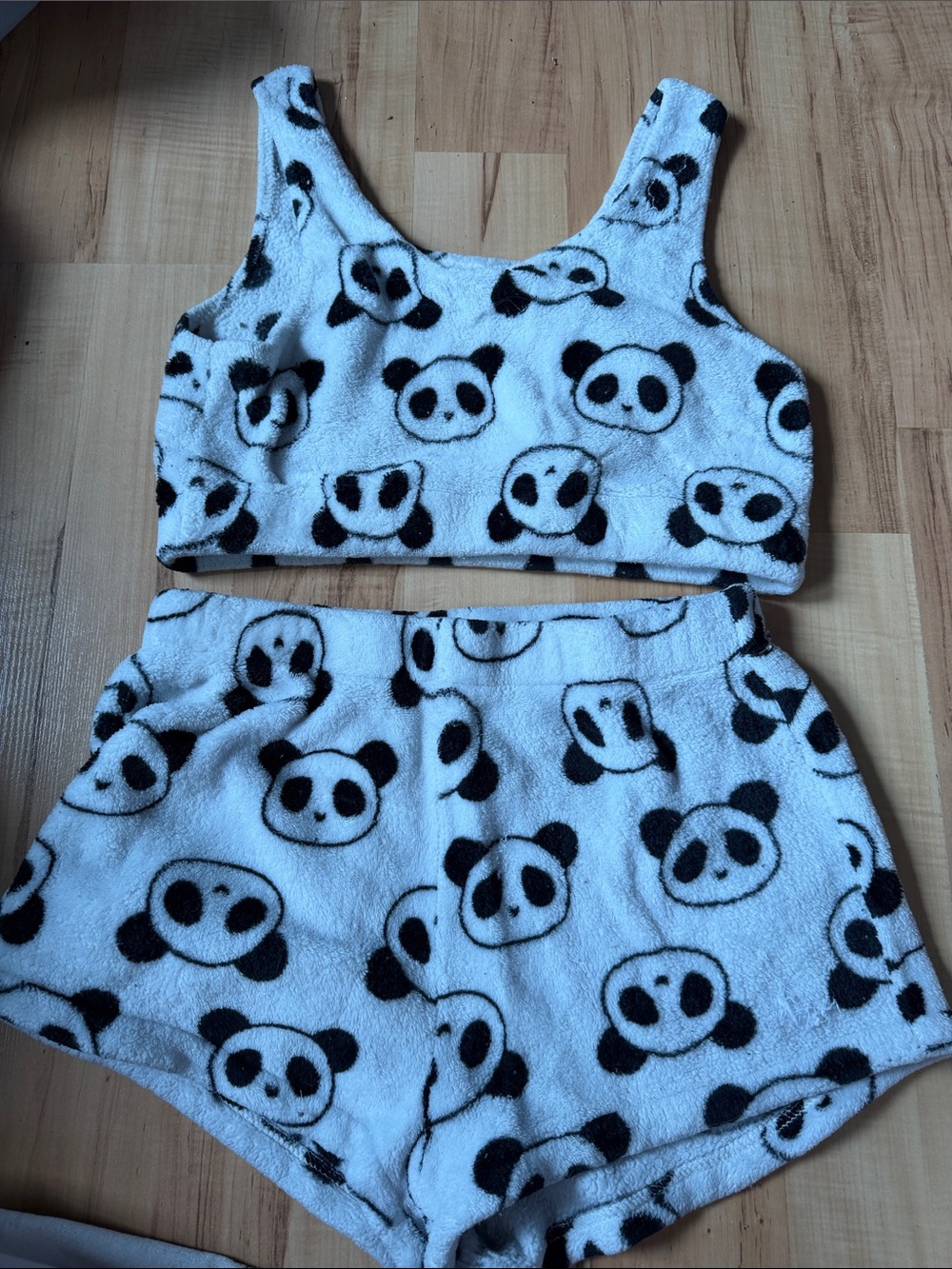 SHEIN White & Black Panda Fleece Pajama Set